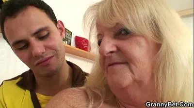 He brings blond grandmother home for hard fuck.